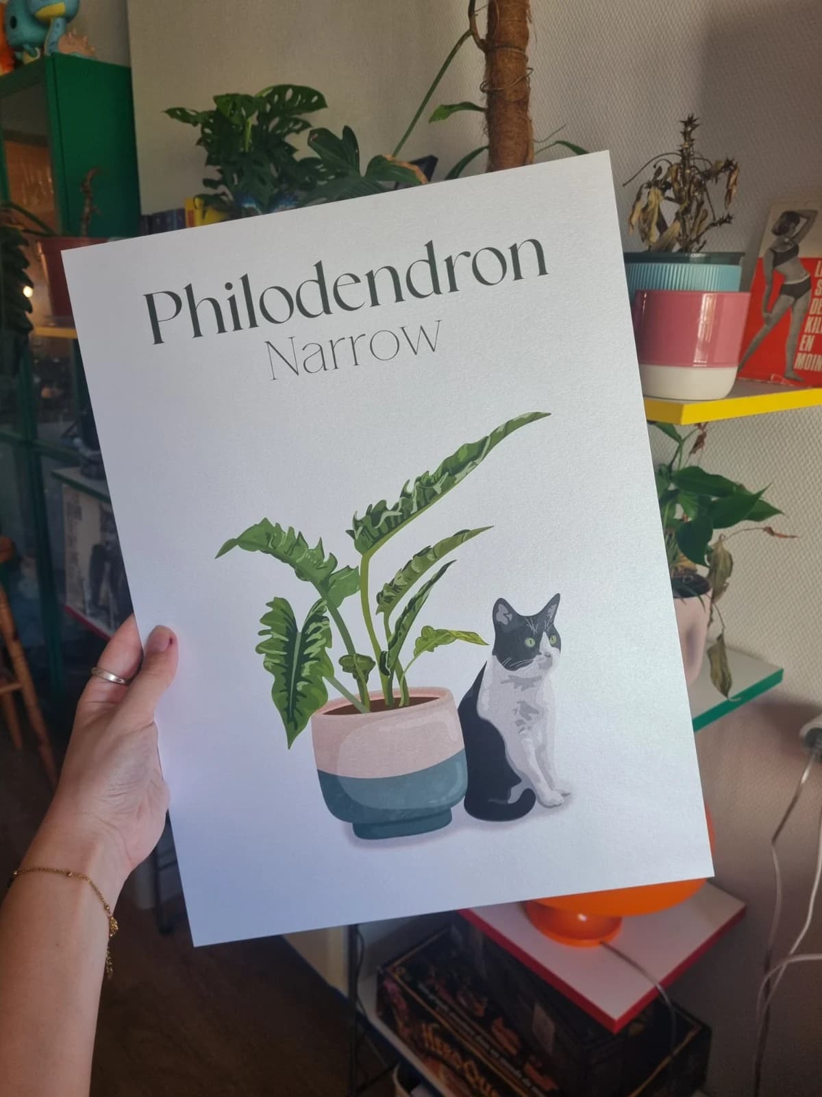 Affiche tenue en main illustrant un chat noir et blanc assis à côté d'un philodendron en pot bicolore.