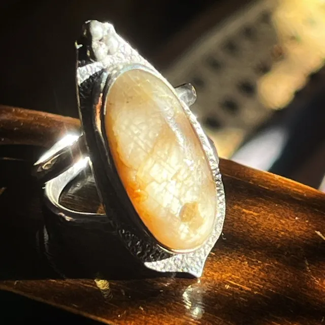 Bague allongée argentée sertie d'un cabochon ovale beige veiné posée sur du bois au soleil